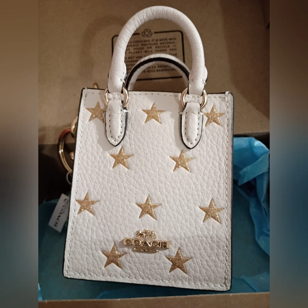 Coach, NWT, Women's, Mini Starry Bag Charm White with Gold Stars - Picture 3 of 8